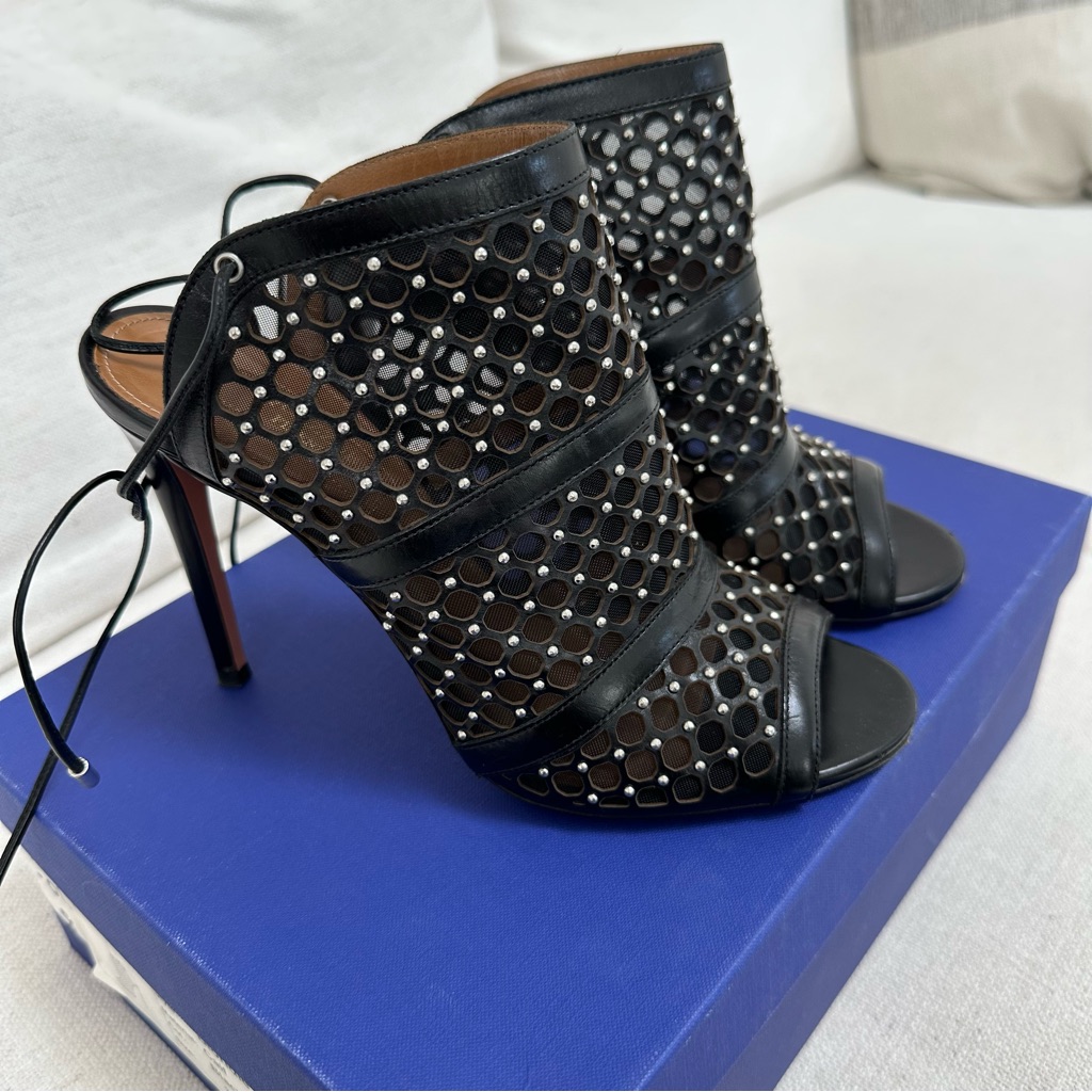 Aquazurra Black Leather “Blondie 105” Grommet Studded Heels Sz38